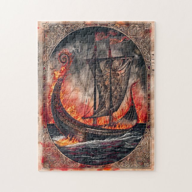 Brinnande Vikingaskepp i Begravningsritual Pussel (Vertikal)