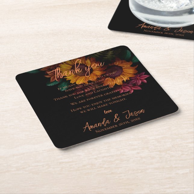 Brinnen Orange Blommigt Bröllop Tack för meddeland Underlägg Papper Kvadrat (Vinklad)