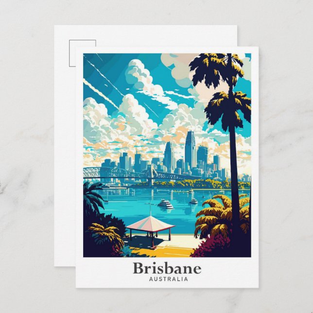 Brisbane Australia Travel Art Vintage Illustration Vykort (Fram/baksida)