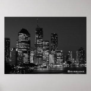 Brisbane City, Night - Black and White Poster