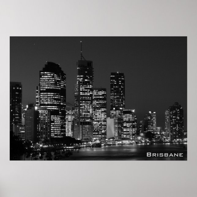 Brisbane City, Night - Black and White Poster (Framsidan)