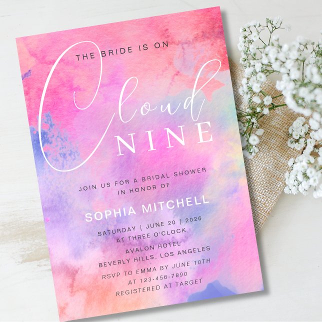 Brista på moln 9 Bright Colorful Möhippa Inbjudningar (Bride on Cloud 9 Bright Colorful Bridal Shower Invitation)