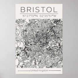 Bristol City Kartposter – Modern Minimal Urban Kon Poster