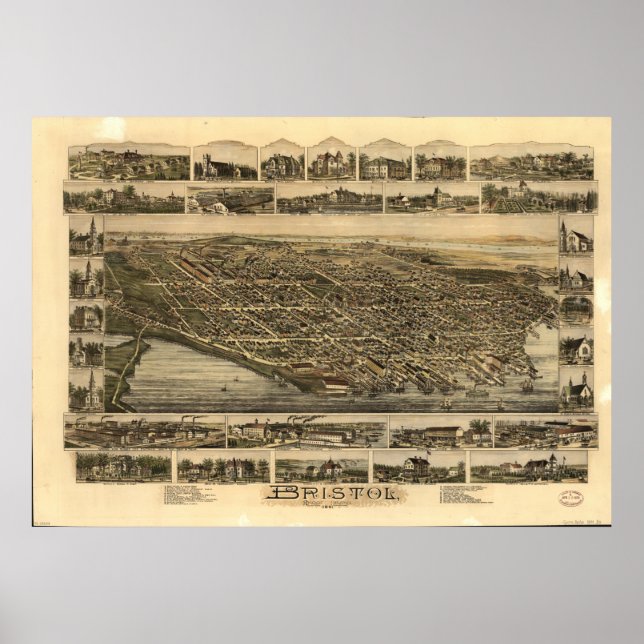 Bristol Rhode island 1891 Antique Panoramic Karta Poster (Framsidan)