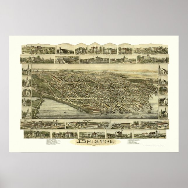 Bristol, RI Panoramic Karta - 1891 Poster (Framsidan)