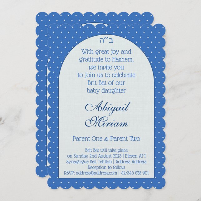 Brit Fladdermus judisk Flicka med namn på hebrew Inbjudningar (Fram/baksida)