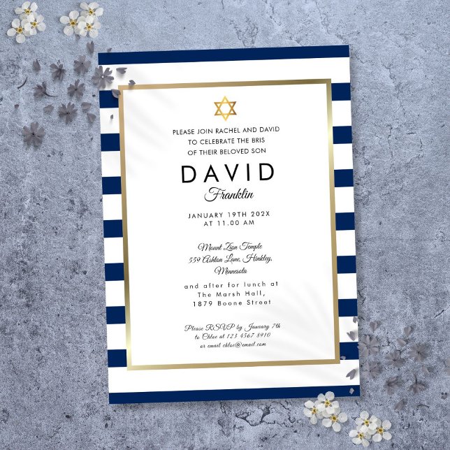Brit Milah Navyblå Vit Rand Guld Inbjudningar (Brit Milah Navy Blue White Stripe Gold Invitation)