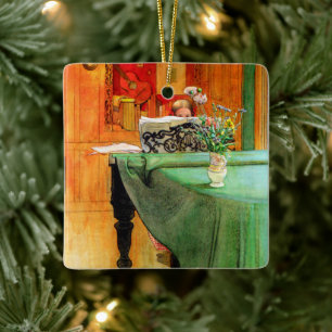 Brita vid Piano av Carl Larsson, Vintage Art Julgransprydnad Keramik