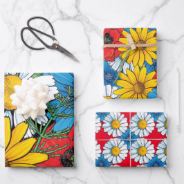 Brite Blommigt Wrapping Papper Flat Lakan set av 3