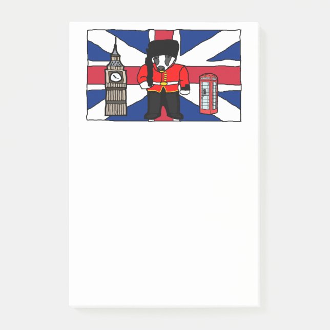 British Badger Tecknad med Big Ben och Flagga Post-it Block (Framsida)