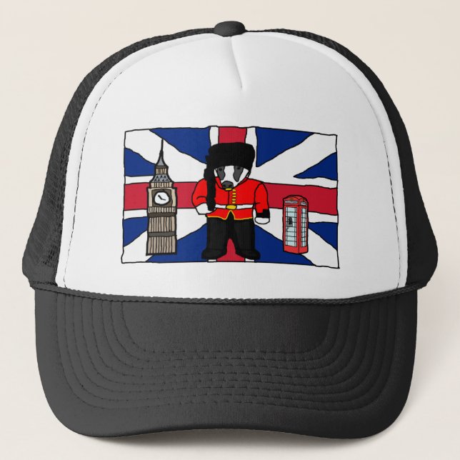 British Badger Tecknad med Big Ben och Flagga Truckerkeps (Framsida)