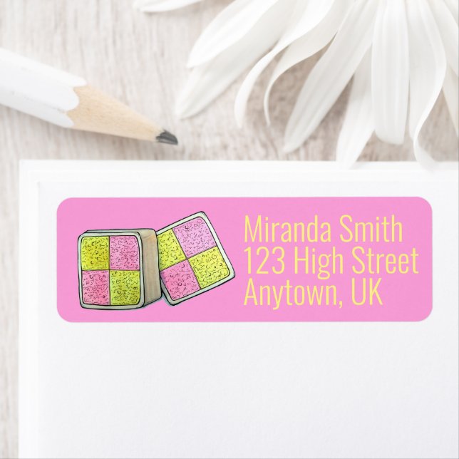 British Battenberg Marzipan Sponge Cake UK Food Returadress Etikett (Insitu)