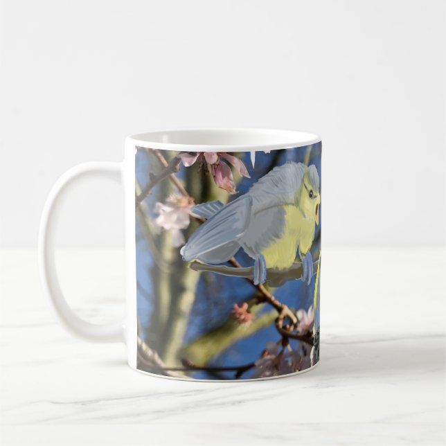 British Blue Chickadee Family mot Rosa Blommar Kaffemugg (Vänster)