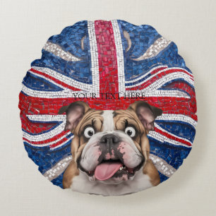 British Bulldog med Union Flagga som bakgrund Rund Kudde