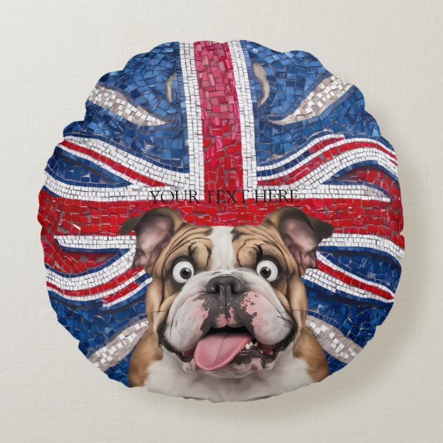 British Bulldog med Union Flagga som bakgrund Rund Kudde (Framsidan)
