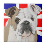British Bulldog med Union Jack Kakelplatta<br><div class="desc">Den här vackra färglösa keramiska plattan har mitt porträtt i en brittisk bulldog,  mot en röd vit och blå Jack. Den här plattan skulle ge en underbar gåva till en Bulldog älskare,  eller ett ovanligt underlägg att lägga på kaffet bord.</div>