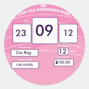 British Car Tax Reminder Sticker Rosa Runt Klistermärke
