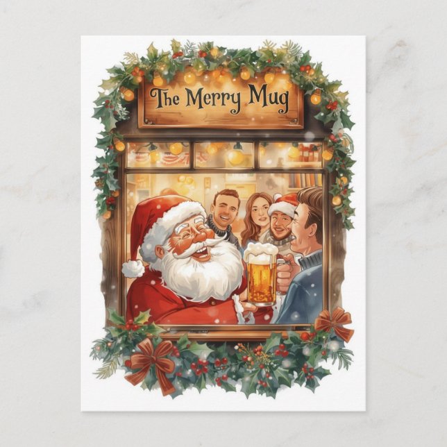 British Christmas Card with Santa Claus at Pub Helg Vykort (Framsida)