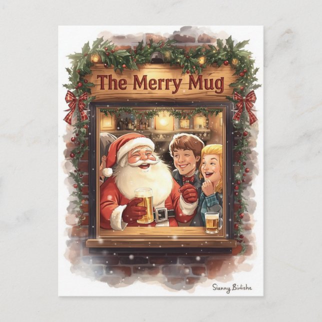 British Christmas Card with Santa Claus at Pub Helg Vykort (Framsida)