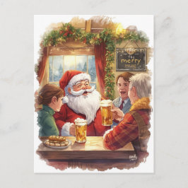 British Christmas Card with Santa Claus at Pub Helg Vykort