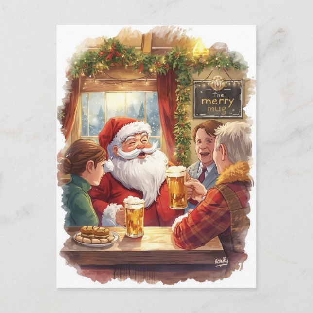 British Christmas Card with Santa Claus at Pub Helg Vykort (Framsida)