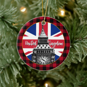 British Flagga, Big Ben, buffalo plaid, Union Jack Julgransprydnad Keramik