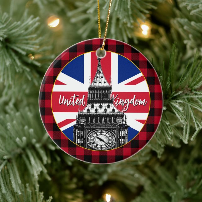 British Flagga, Big Ben, buffalo plaid, Union Jack Julgransprydnad Keramik (Träd)