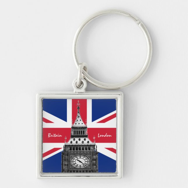 British Flagga & Big Ben - London, Storbritannien/ Fyrkantig Silverfärgad Nyckelring (Framsidan)