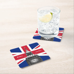 British Flagga & Big Ben - London, Storbritannien/ Underlägg Papper Kvadrat