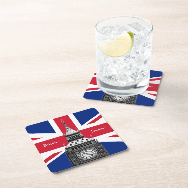 British Flagga & Big Ben - London, Storbritannien/ Underlägg Papper Kvadrat (Insitu)