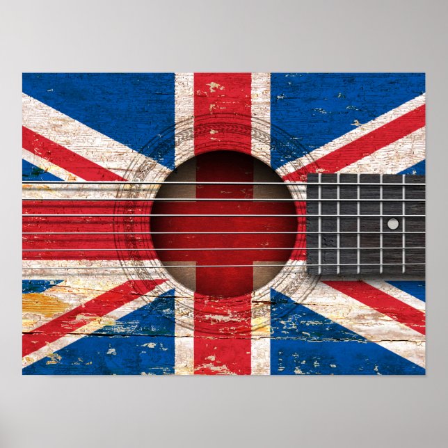 British Flagga on Old Acoustic Guitar Poster (Framsidan)