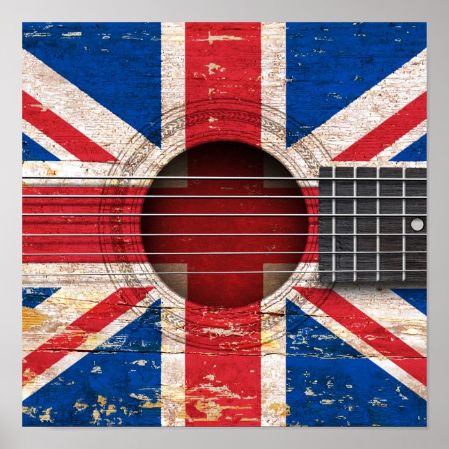 British Flagga on Old Acoustic Guitar Poster (Framsidan)