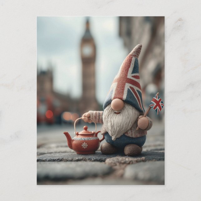 British Gnome med Union Jack Hat och Tekanna Helg Vykort (Framsida)