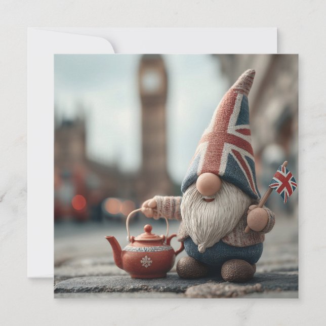 British Gnome med Union Jack Hat och Tekanna Julkort (Framsida)