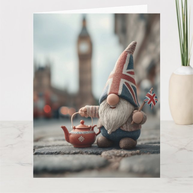 British Gnome med Union Jack Hat och Tekanna Kort (Framsida)