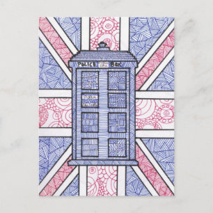 British Police Box och Union Jack Flagga Illustrat Vykort