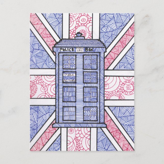 British Police Box och Union Jack Flagga Illustrat Vykort (Framsida)