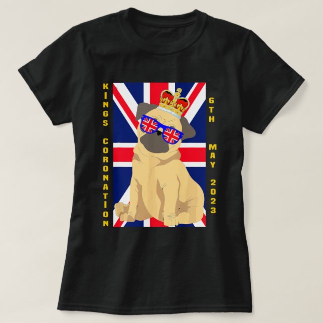 British Pug Hund Union Jack Kung UK Coronati T Shirt (Design framsida)