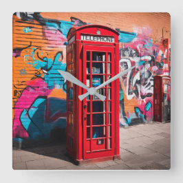 British Red Telefon Box Fyrkantig Klocka