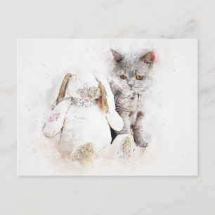 British Shorthair & Bunny ABSTRAKT Vattenfärg Vykort
