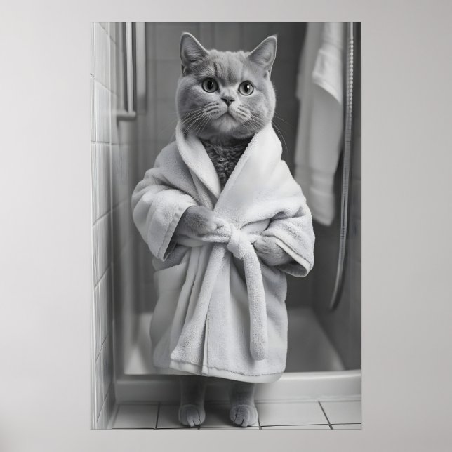British Shorthair Cat Bathrobe Print, Funny Poster (Framsidan)