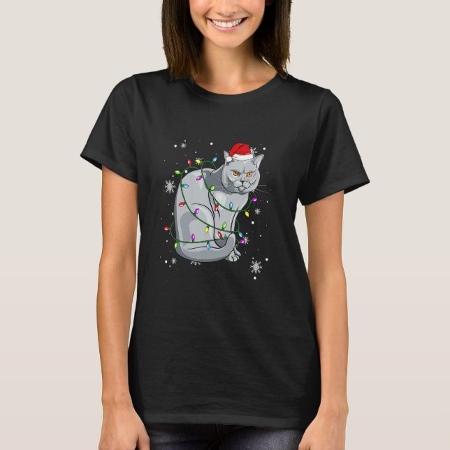 British Shorthair Cat Christmas Lights Christmas C T Shirt (Framsida)