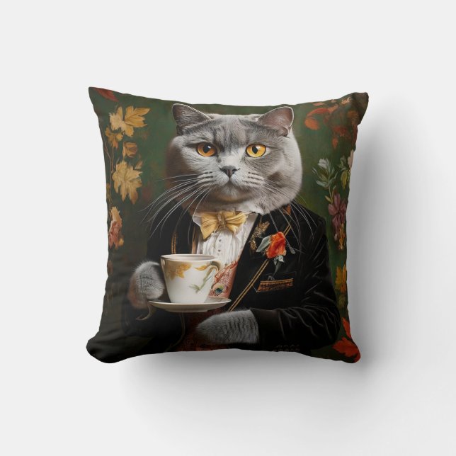 British Shorthair Cat in a Kostym Drinking Coffe Kudde (Framsida)