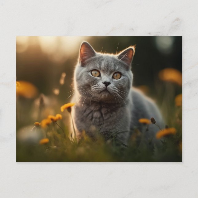 British Shorthair Cat in Flower Meadow Vykort (Framsida)