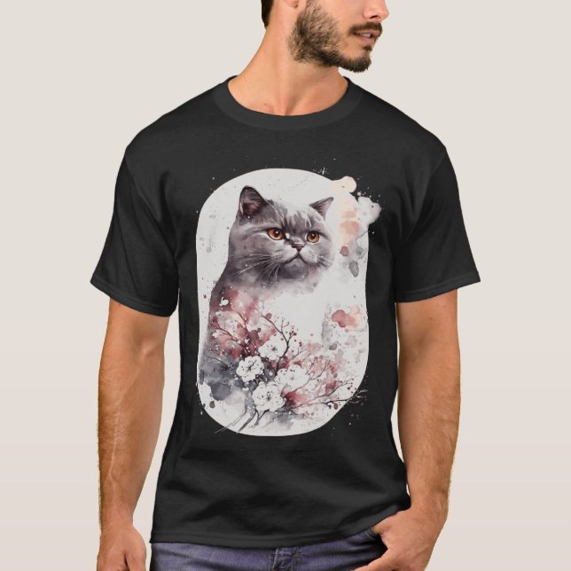 British Shorthair Cat Japanese Cherry Blossom Saku T Shirt (Framsida)