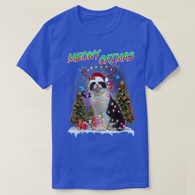 British Shorthair Cat Julafton Träd Ljus Santa Hat T Shirt (Design framsida)