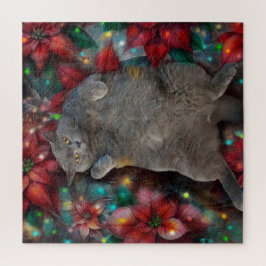 British Shorthair Cat Kattunge i Poinsettias Ljus Pussel