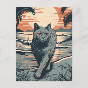 British Shorthair cat på en tropisk strand Vykort
