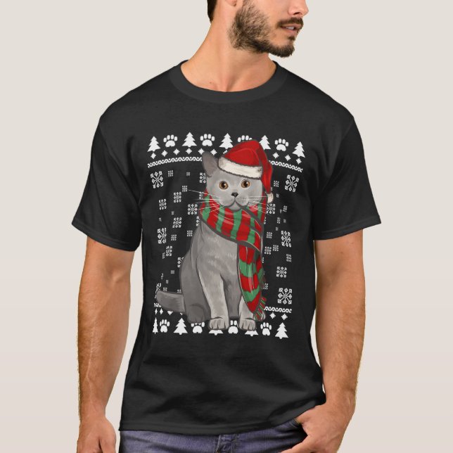 British Shorthair Cat Santa Hat Julafton Ugly Chri T Shirt (Framsida)