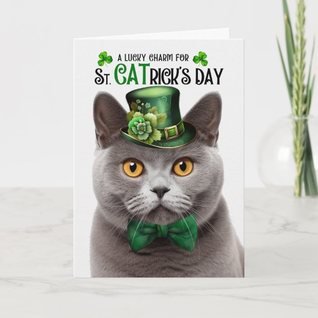 British Shorthair Cat St CATrick's Day Lucky Charm Helgkort (Framsida)